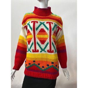 Vintage One Step Up Womens Pullover Sweater Geometric Multicolor Hand Knit S
